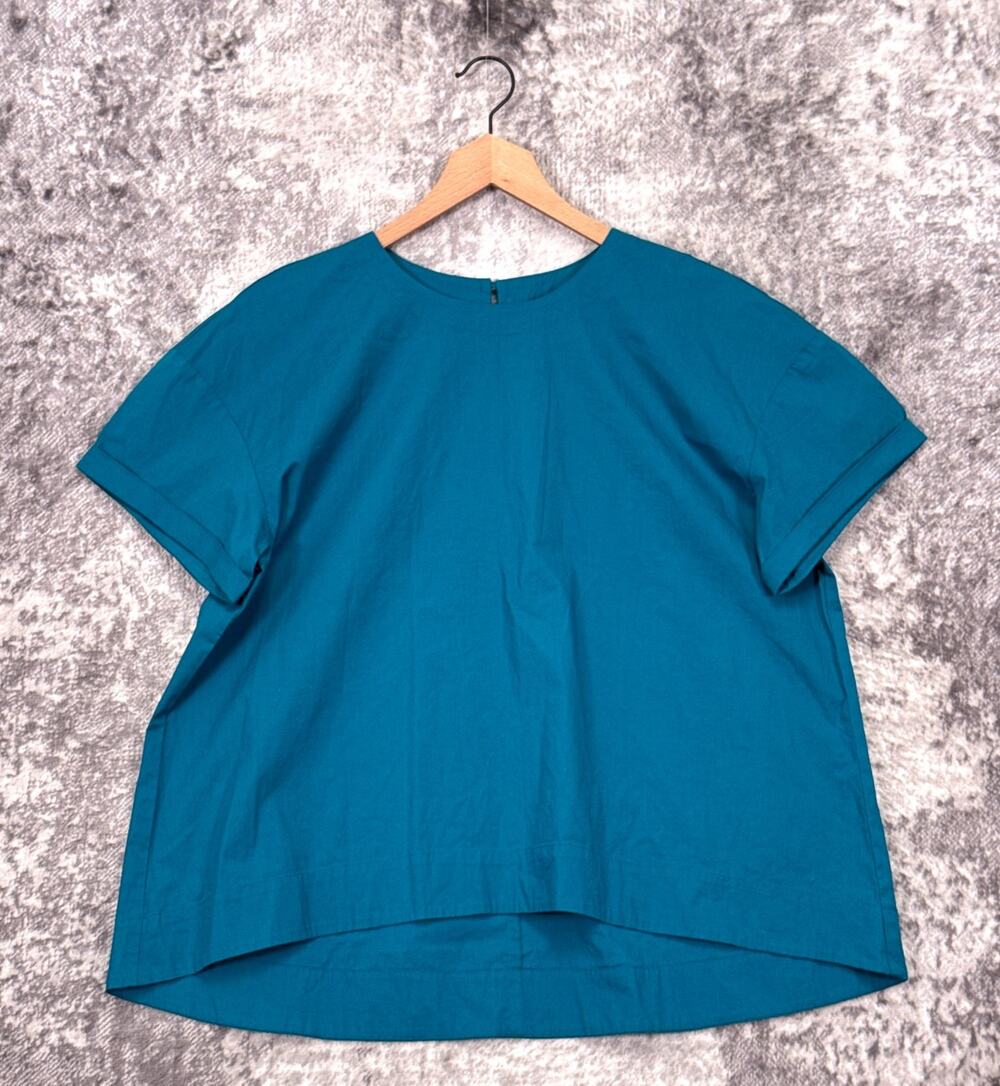 New Eileen Fisher Top XL Womens Short Sleeve Teal Blue Poplin